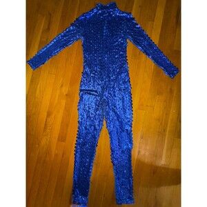 Vintage Blue Velvet Jumpsuit Textured Polka Dot Long Sleeve Bodysuit One Piece S